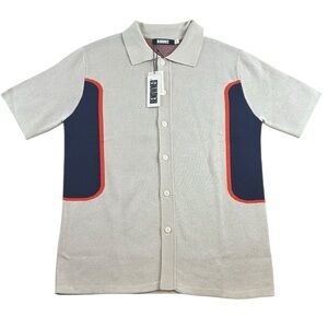 NWT‎ Renowned Boogie Knit Button-Up Shirt Beige Navy Red Men’s Large
